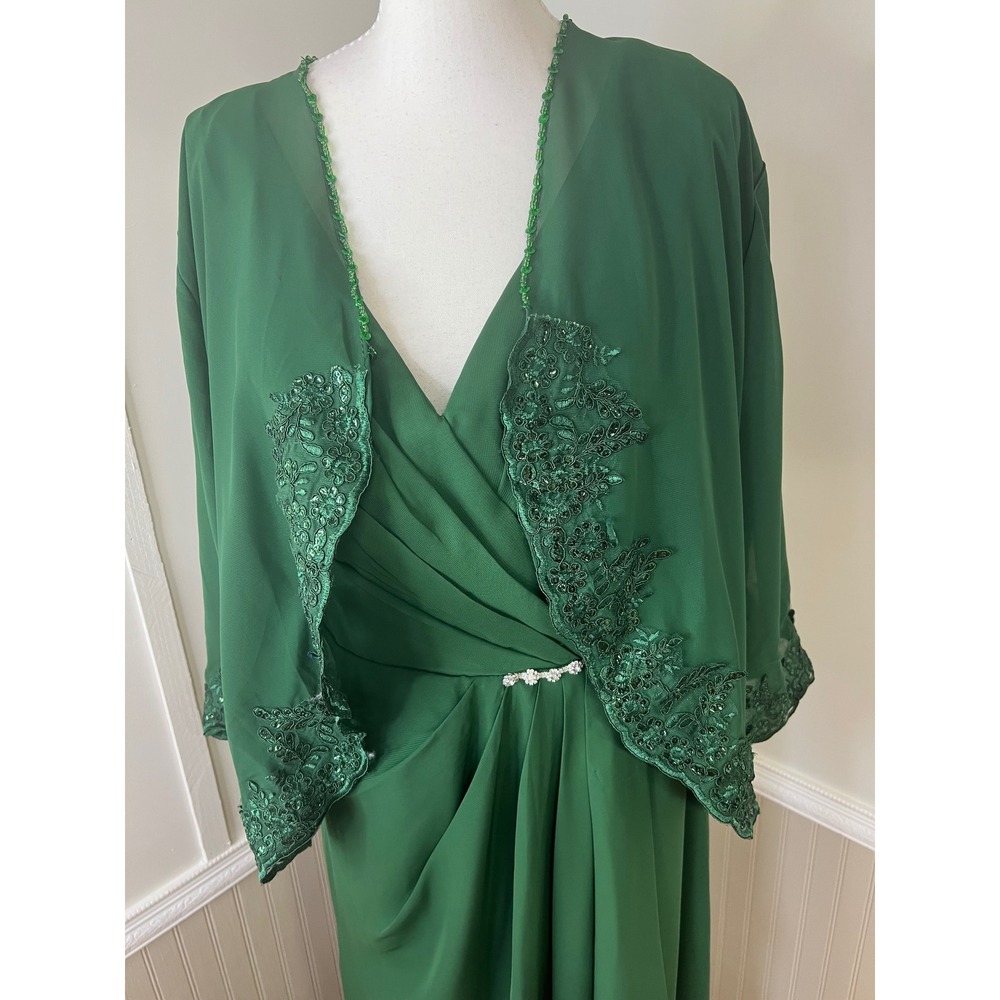 Formal Dress Emerald Green Evening Gown Set with Lace Sequin Jacket Size 14